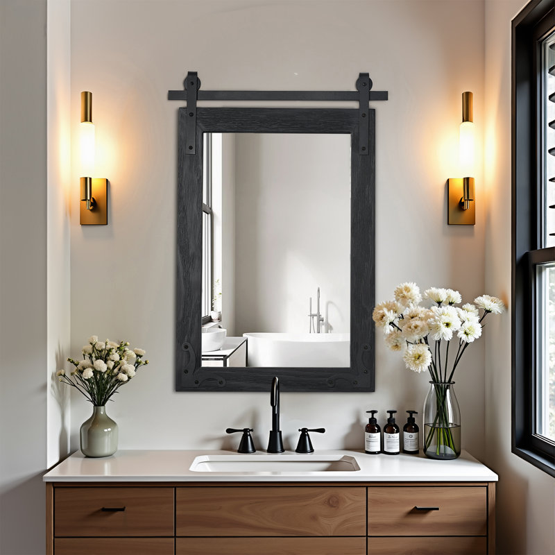 Rectangular Wood Framed Bathroom Vanity Mirror With Iron Brackets, 24x36 Inches, 36" x 24"