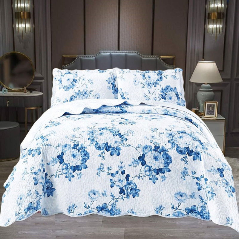 Printed Bedspread Set Floral Pattern with Matching Pillow Shams, Soft Microfiber Coverlet, Lightweight & All-Season Bedding