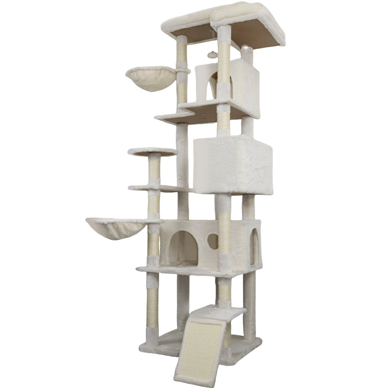 Arbre à chat 84 po de couleur beige avec grattoir et plateforme - Stable confortable pour faire la sieste