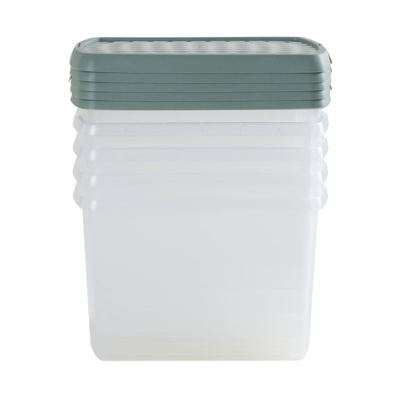 Wham Clip 5x 8.5L Rectangular Plastic Storage Boxes with Secure Clip Lock Lids. L:39 x W:29 x H:10.5cm Clear/Green Milieu/Stone