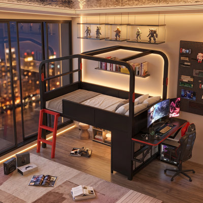 Kittredge Kids Gaming Loft Bed with Built-in Desk, USB Charging Ports, LED Lights, Storage & Canopy