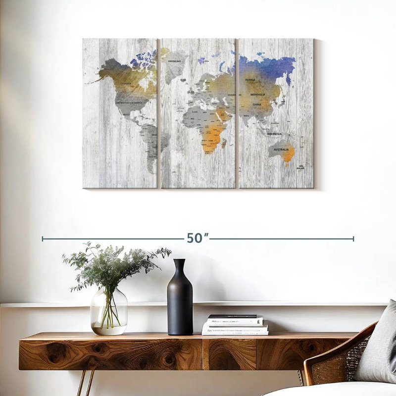 " Bianco Wood World Map " by Jorge S 3 - Pieces, 38" H x 24" W x 1.25" D