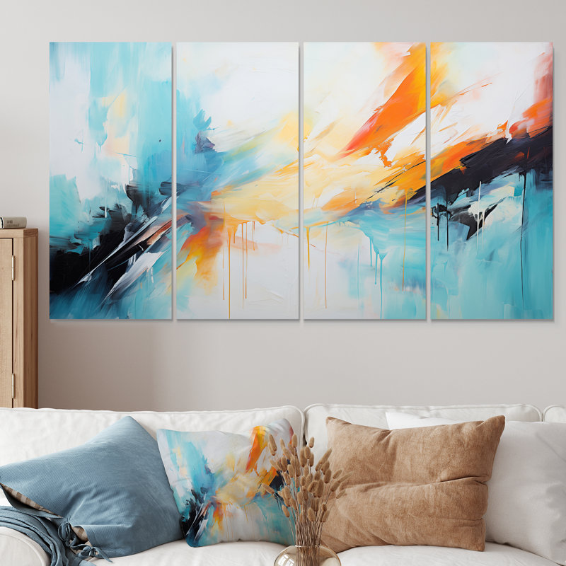 Azur bleu jaune Fusion II - peinture abstraite, art mural 4 pièces, H 32 po x l 64 po