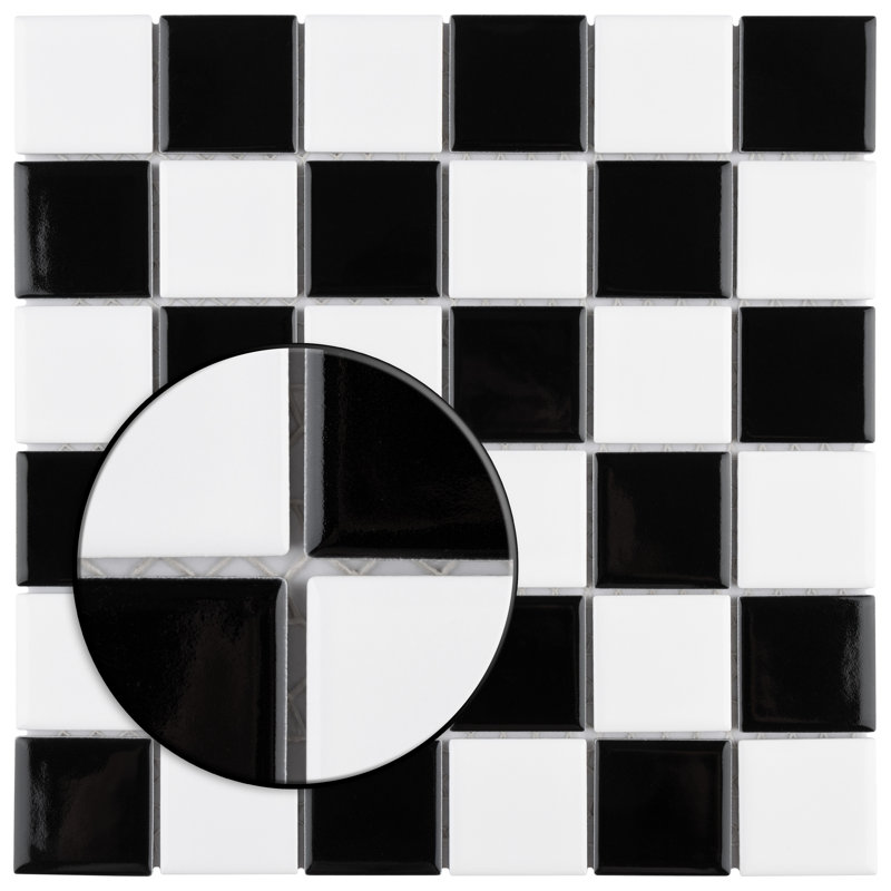 Metro Quad Checkerboard Glossy Blk and White 11-3/4" x 11-3/4" Porcelain Mosaic Floor and Wall Tile, Black/White