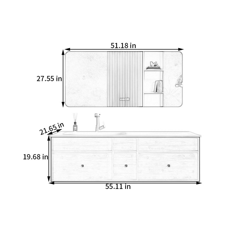 Middle ancient style bathroom cabinet, 19.68" H x 55.11" W x 21.65" D
