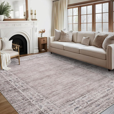 Washable Vintage Border Rug Non-Slip Low Pile Stain-Resistant Boho Throw Carpet for Kitchen Hallway Living Room Bedroom Taupe/Brown.