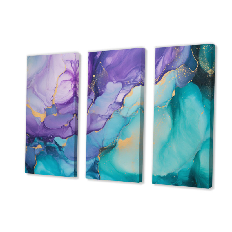 Turquoise et mauve liquide Art III - 3 pièces sur toile tendue, H 28 po x l 36 po x P 1 po