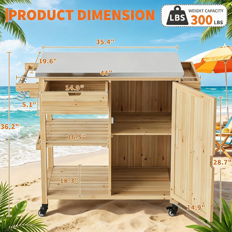 Solid Wood Outdoor Grill Cart Storage Cabinet with Stainless Steel Table Top and Spice Rack, Solid Wood Patio Bar Table with Lockable Wheels Outdoor Kitchen Island for Patio, Garden, Porch, Balcony.