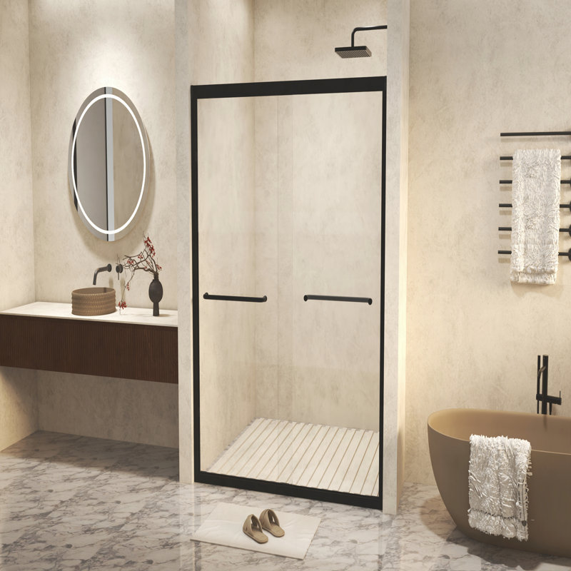 50-54" W × 72" H Tempered Glass with Explosion Proof Film, Aluminum Frame Double Sliding Shower Door, "1/4 (6 mm), Stainless Steel handle, Matte Black