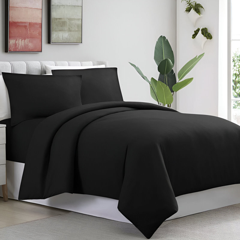Humiston Solid Colour Duvet Cover Set with Pillowcases Included, Black, Super King Duvet Cover + 2 Standard Pillowcases