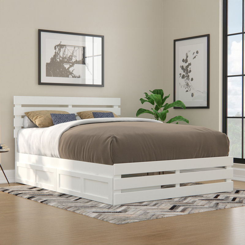 Lit plateforme avec rangement en bois massif Bridport, Blanc, Grand
