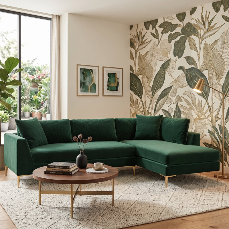 Ludivine 112" Wide Velvet Sofa & Chaise, Green Velvet, Right Hand Facing