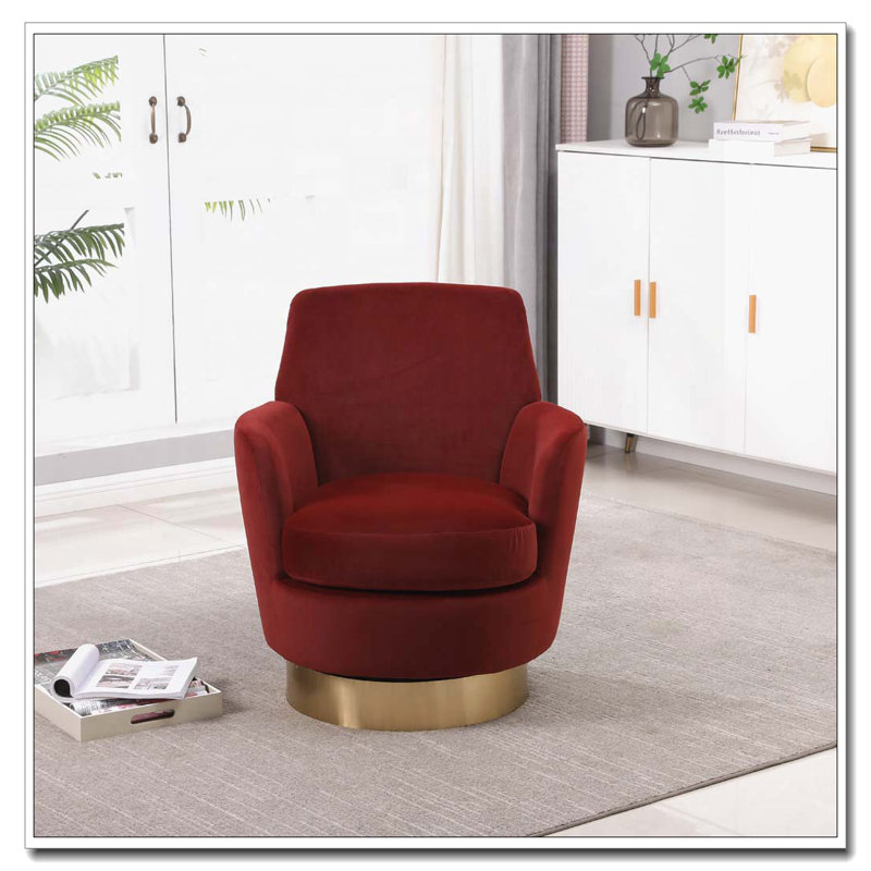 Swivel Barrel Chair with Gold Stainless Steel Base, Brownish Red