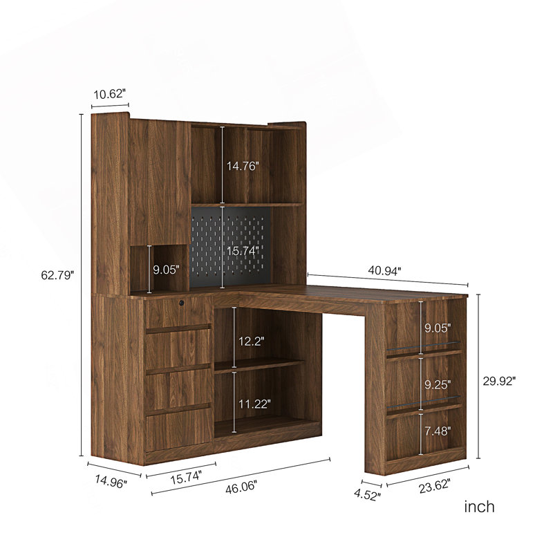 Bureau en L, bureau d'ordinateur avec tiroirs, bibliothèque et lumière DEL