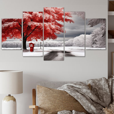 «Red and White Winter Silent Symphony I», reproduction d'art sur toile florale - 5 panneaux