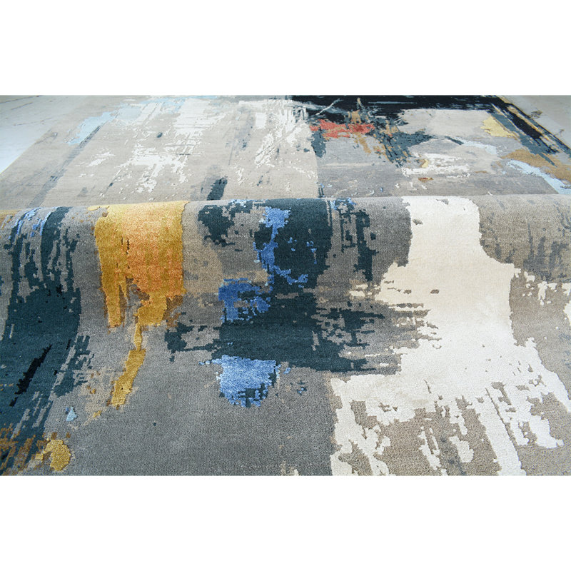 Tapis gris et multicolore noué à la main de haute qualité, Rectangle 6 pi x 9 pi