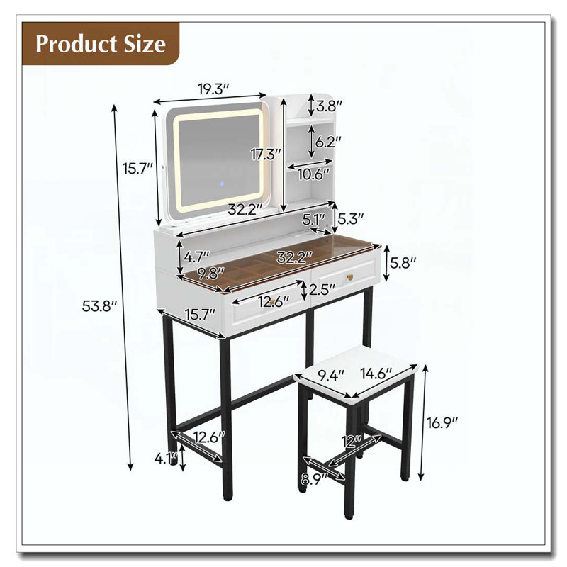 Makeup Vanity with LED Lighted Mirror and Stool