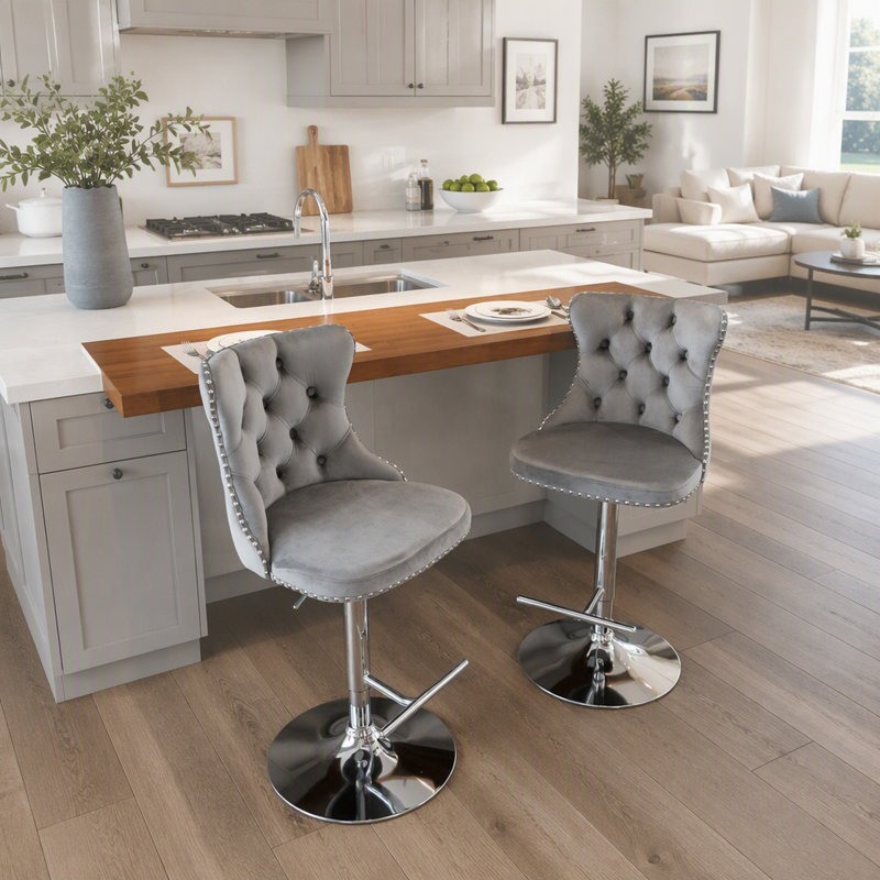 Furniture, tabourets de bar pivotants en velours doré d'une hauteur de siège réglable de 25 à 33 pouces, tabourets de bar rembourrés modernes avec dossier capitonné confortable pour un pub à la maison et un îlot de cuisine, ensemble de 2