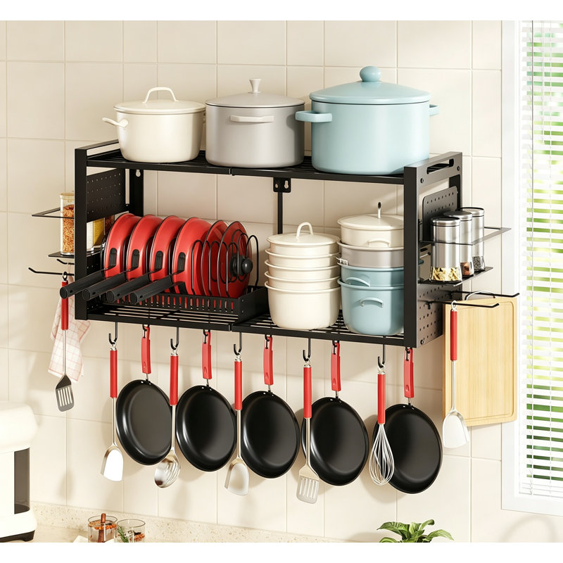 Organisateur de casseroles et de poêles à fixation murale 3 en 1 avec supports de cuisine à 2 niveaux et porte-couvercle
