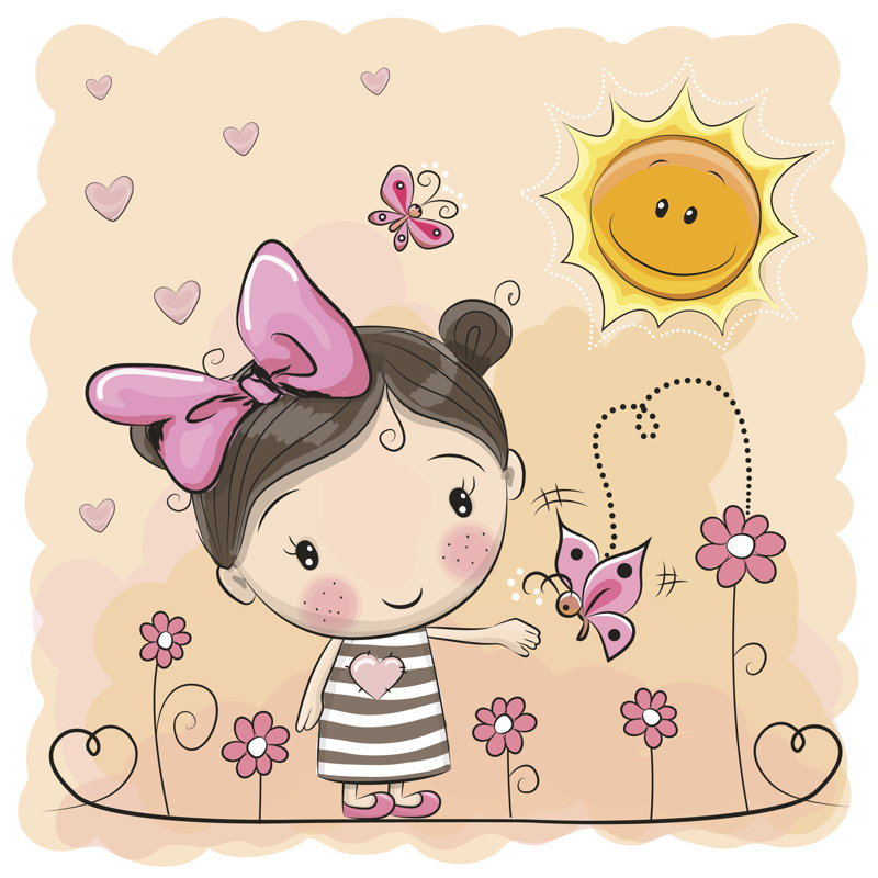 Cartoon Girl On The Meadow With Flowers - Wrapped Canvas Print, 51cm H x 51cm W x 3.8cm D