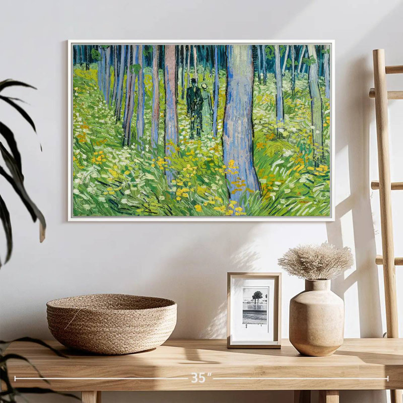 Sous-bois avec deux personnages, Cadre flottant blanc, 25 po x 17 po