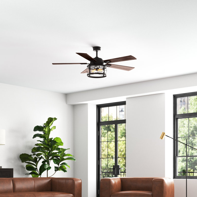 Hunstant 52 in. Black Indoor Rod Mount Farmhouse Ceiling Fan with Reversible Dark Bronze-Walnut Blades, Dimmable LED Light Kit and Remote Control Included, 3 Speeds, Wire Cage Drum Shade