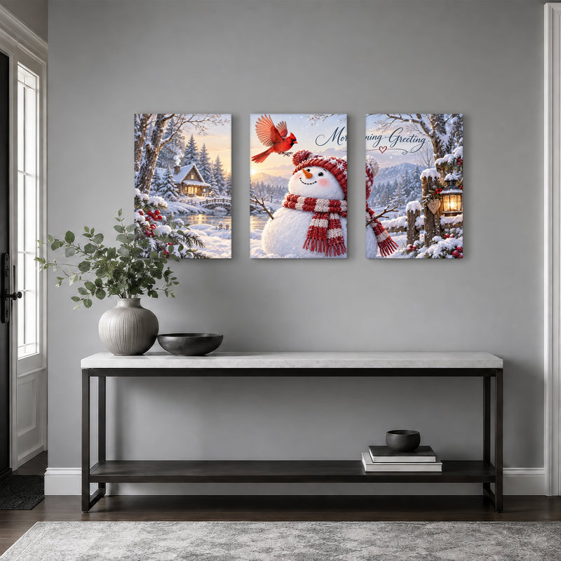 «Snowman in Red Knit», ensemble de 3 toiles, L 48 po x H 24 po au total - 3 panneaux