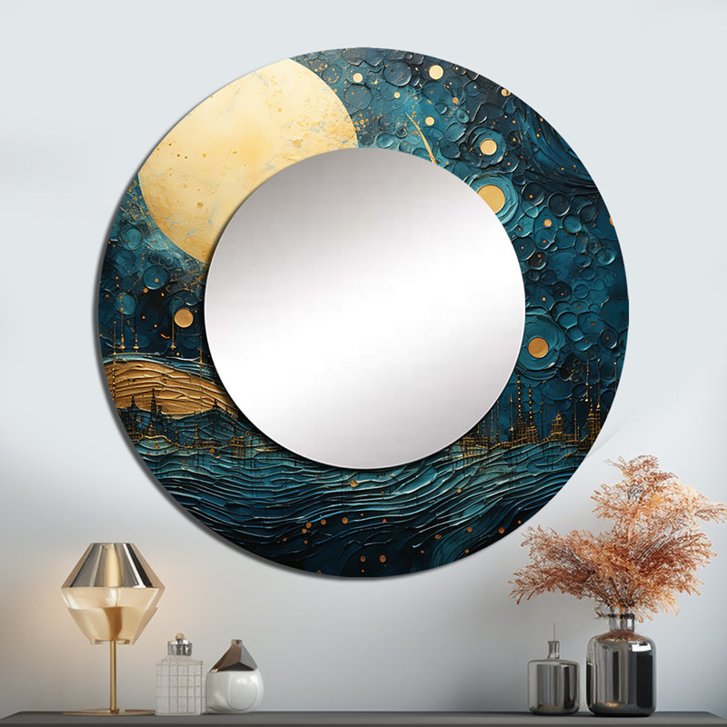 Seto Moon Blue And Gold Cerulean Cycle Dreams V - Moon Mirror, Space Round Unique Wall Mirror, Printed Metal Art, 29" x 29"