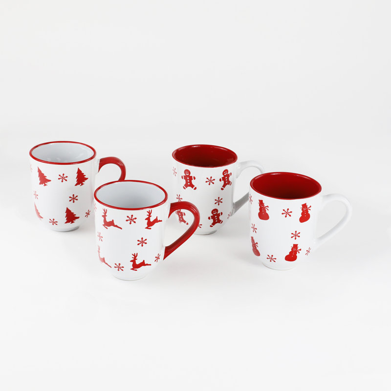 Winterfest Ceramic 12oz Christmas Mugs Set of 4, Red and White