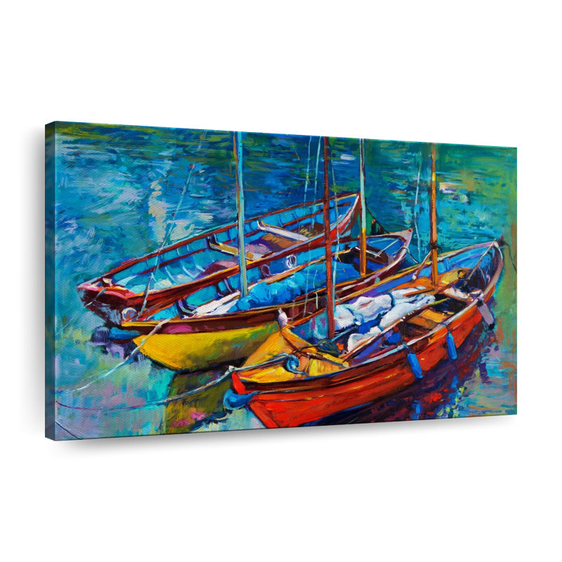 Trois bateaux amarrés, H 30 po x l 45 po x P 1,25 po