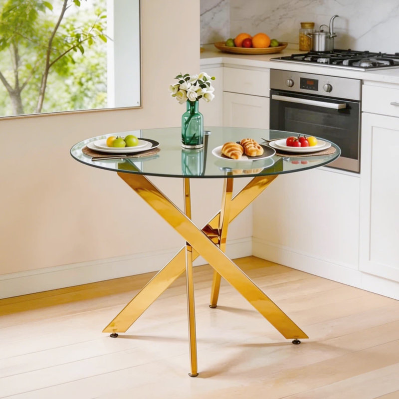 36'' Square Tempered Glass Dining Table with Modern Walnut Metal Legs, Seats 2-4, Square-Walnut