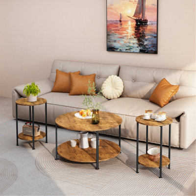Ensemble de 3 tables basses et tables de bout pour le salon, ensemble de 3 tables basses et tables de bout rondes avec grand rangement, mobilier de ferme moderne pour appartement (brun rustique)