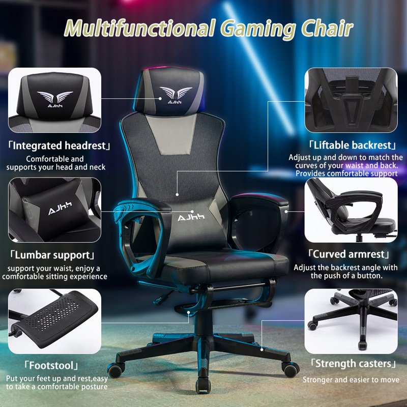 Fauteuil de jeu de course et de course réglable, inclinable et ergonomique en similicuir avec repose-pieds, Gris / noir