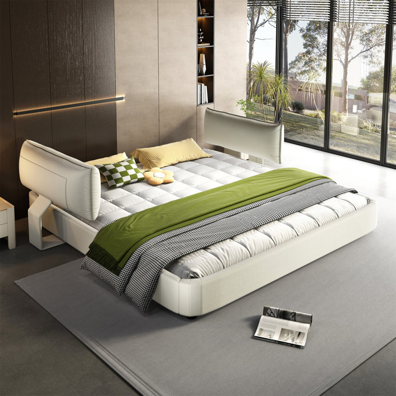 Très grande base de lit avec très grande tête de lit amovible rembourrée et lit tapissier, Beige