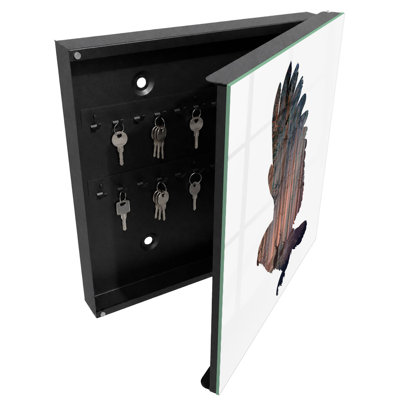 Key storage cabinet, Opens to the left, 30x30x5, Black, A bird with a forest inside and the beautiful harmony of nature, 
