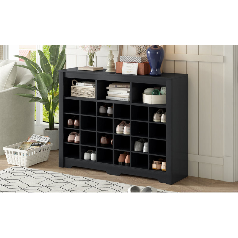 Console élégante à 24 casiers, armoire à chaussures moderne avec base incurvée, buffet polyvalent de haute qualité pour le couloir, la chambre à coucher et le salon