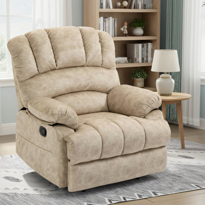 Beige Large Manual Fabric Recliner For Living Room. Polyester Fiber + Fiber Foam Cushion, Pillow-Style Armrests, Pine Wood + Metal Frame, Cushioned Backrest, Medium To Firm Seating Comfort.