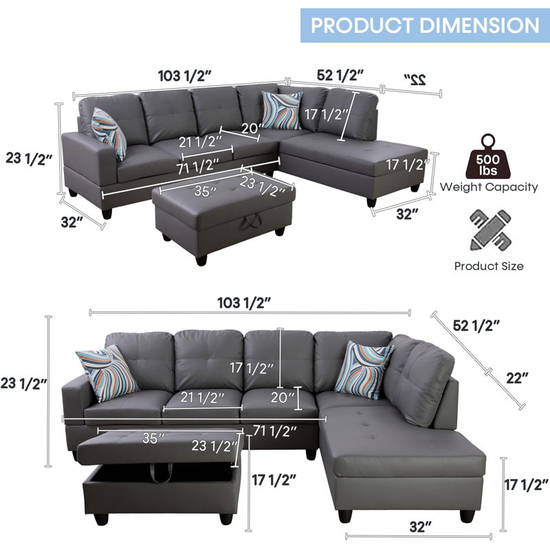 Erynne 3 - Piece L- Shaped Upholstered Living Room Sectional with Storage Ottoman, Right Hand Facing, Gray Faux Leather