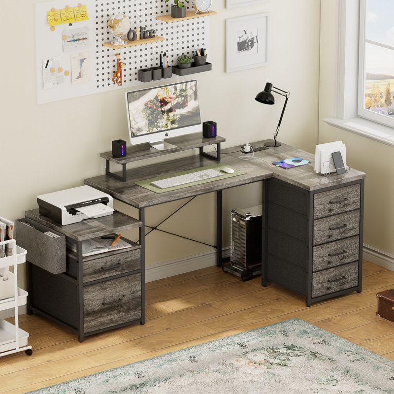 Bernydette Reversible L Shaped Computer Desk with Fabric File Drawers, Corner Desk with RGB LED Lights & Power Outlets & Monitor Stand