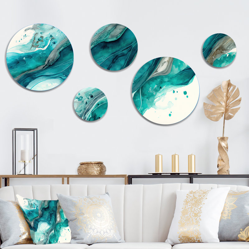 5 Turquoise Waves In Paradise V - Coastal Round metal Wall Decor Set 