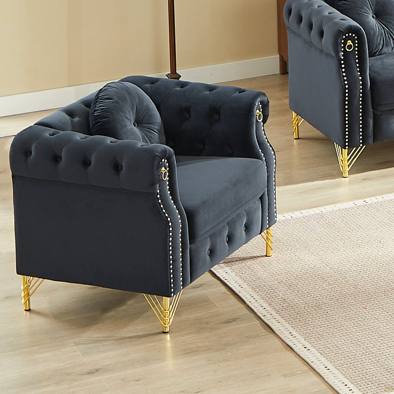 Canapé Chesterfield en velours avec coussins ronds, Noir