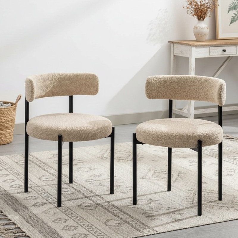 Boucle Upholstered Side Dining Chairs, 2, Beige, Black