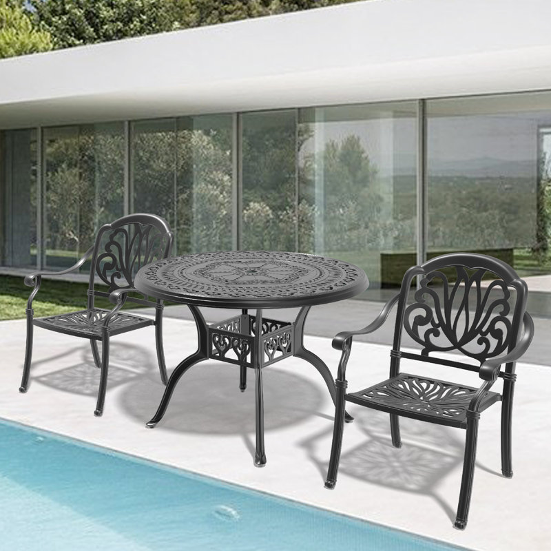 Ensemble de salle à manger de table ronde en aluminium coulé 39,37 pouces avec trou pour parasol et coussins bruns, 2