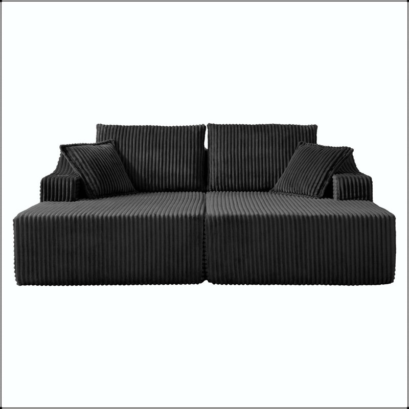 Très grand canapé-lit 83 po avec 6 coussins de 83 po, Velours côtelé noir