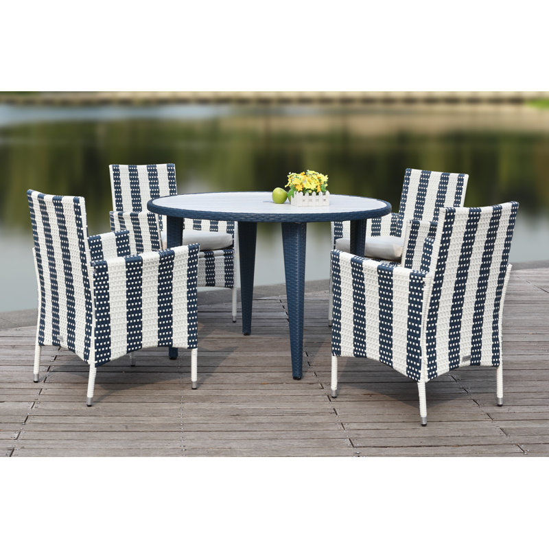 Ensemble repas 5 pièces avec coussins Rodric, Bleu marine/blanc