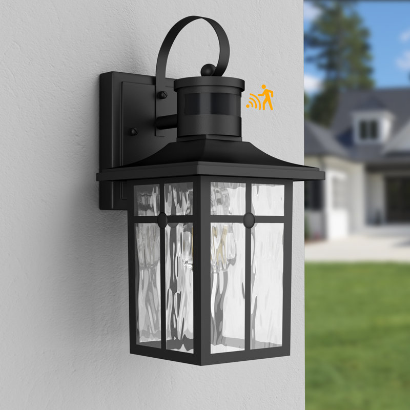 Dallas 13''H Aluminum Black ETL Water Ripple Glass Outdoor Wall Light with Motion Sensor and  Dusk to Dawn, Black
