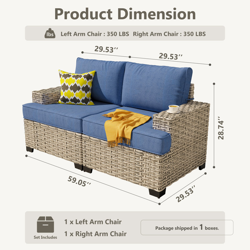 Carolle Modern Outdoor Pe Wicker Sofa With Cushions, Wide Armrests, Weather-Resistant Patio Seating, Blue