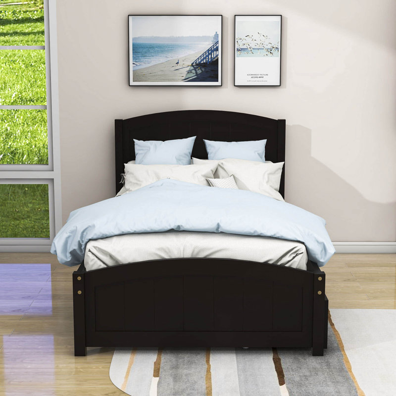 Lit plateforme simple en bois 2 tiroirs avec tête de lit, Espresso