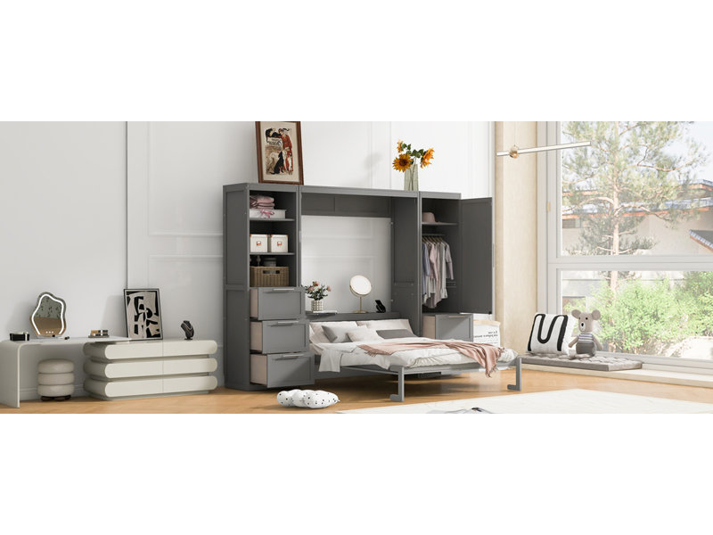 Grand lit escamotable mural avec placard, tiroirs et tablettes, gris, Gris