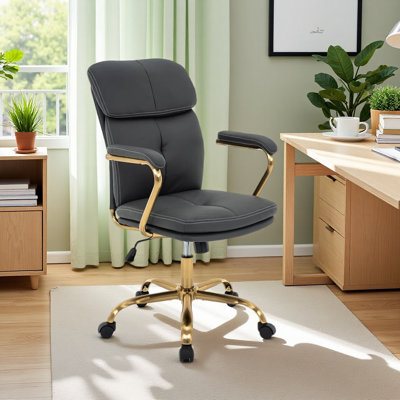 Chaise de bureau grise, fauteuil de bureau moderne en cuir de polyuréthane à dossier moyen avec accoudoirs, fauteuil pivotant réglable 